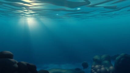 Fototapeta premium Underwater Scene Sunbeams Illuminating Ocean Floor with Rocks