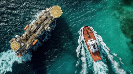 Aerial View of Offshore Oil Platform and Supply Vessel