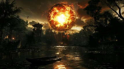 Fiery Ball Exploding Over Dark River Landscape at Sunset