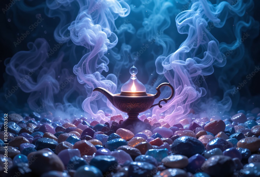 Poster tranquil lamp glow. mosaic stones, soft light. atmospheric smoke. cool blue hue. a magical scene. pe