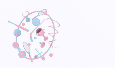 sports equipment pink blue color on white background 3d render cartoon