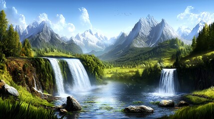 Fototapeta premium Serene Waterfall Landscape in Mountain Valley