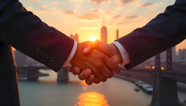 hands shaking in front of a cityscape with skyscrapers