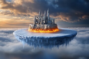 A floating ice castle on one side and a blazing lava fortress on the other, representing two extreme temperature realms