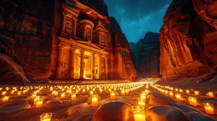 Majestic Ancient Structure Surrounded by Glowing Candles at Dusk in a Desert Canyon