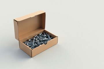 A cardboard box sits open, revealing a collection of metallic screws inside.  The box is light brown and rests on a plain white surface.