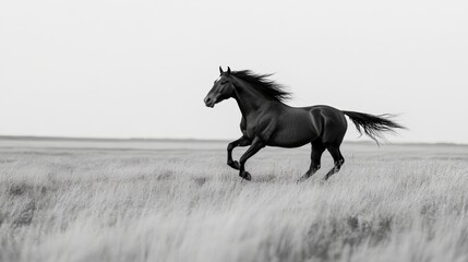 Black Horse Galloping Gracefully Across a Wide Open Field in Monochrome Background