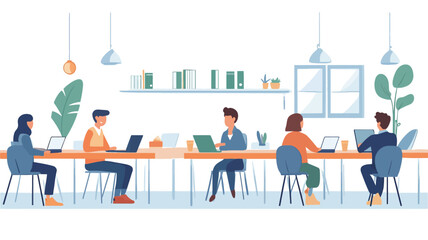 Fototapeta premium A vector illustration depicting a group of diverse individuals working collaboratively at a long table in a modern office setting. The illustration features a flat design style with