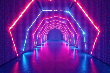 Fototapeta premium Abstract Neon Corridor Pink and Blue Geometric Light Patterns Reflecting on a Polished Floor