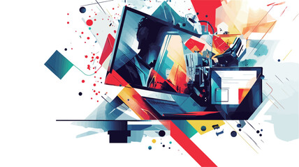 The image is a digital illustration featuring a vibrant abstract composition. It incorporates various geometric shapes, including rectangles, triangles, and squares, in a dynamic