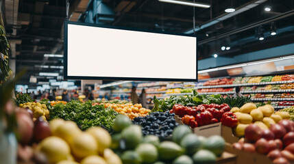 Large blank hanging sign mockup in a grocery store above a vibrant display of fresh fruits and vegetables. Perfect for retail branding, supermarket promotions, and advertising displays