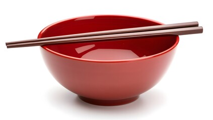 Empty red bowl with chopsticks on white background (1)