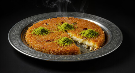 Turkish Künefe Dessert - Shredded kadayıf pastry layered with gooey melted cheese, soaked in sweet syrup, and topped with crushed pistachios