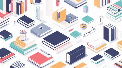 The image displays a repeating pattern of isometrically rendered books in various colors and sizes.  Books are depicted in stacks and individually, with some showing spines and others flat.