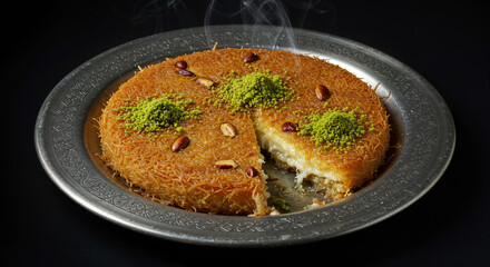 Turkish Künefe Dessert - Shredded kadayıf pastry layered with gooey melted cheese, soaked in sweet syrup, and topped with crushed pistachios