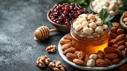 Fototapeta premium Sweet Honey Drizzled Nuts on White Plate
