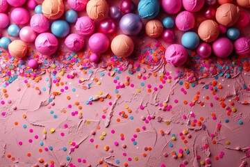 Colorful background with confetti and bunch of different colored balls with copy space