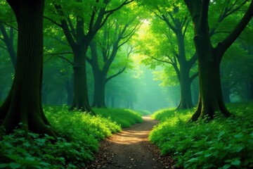 Fototapeta premium Emerald canopy, rich understory, winding path , landscape, pnw