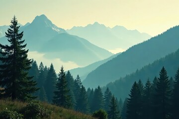 Misty mountain fir forest, vintage faded tones, texture, nature, aesthetic