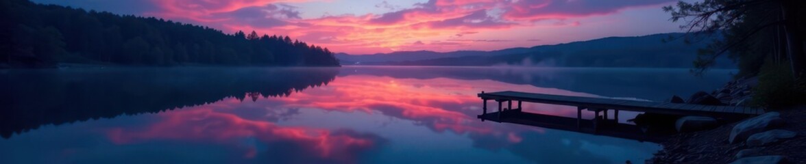Naklejka premium Twilight lake, serene dock, night swim reflections, water, dock light
