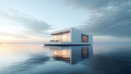 Modern Floating House at Sunset on Calm Water
