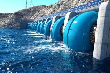A futuristic hydroelectric plant that integrates solar panels and wind turbines for hybrid energy generation
