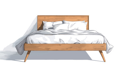 A frontal view of a mid-century modern style double bed. The bed frame is made of light-colored wood with slightly tapered legs.  The bedding is crisp white, including a comforter or duvet