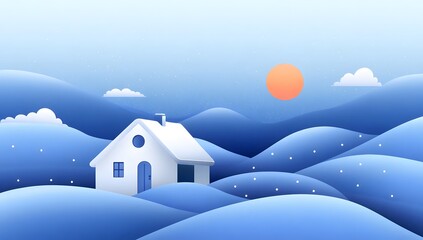 Snowy mountain home, tranquil sunset landscape, digital art