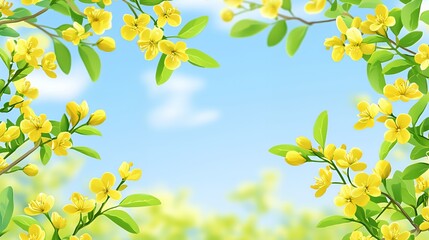 Obraz premium Bright Yellow Flowers and Blue Sky Spring Background