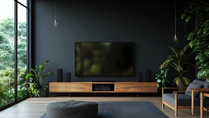 Modern dark living room with TV, plants, and view