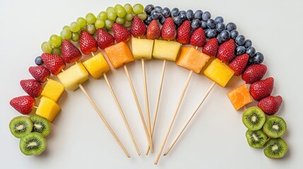 Rainbow fruit skewers, healthy snack, white background, party food