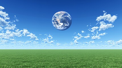 Pixelated Earth Above a Green Field Under a Blue Sky