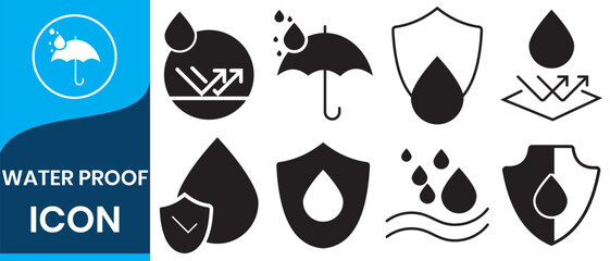 Waterproof icon. Water resistant icons for package. Water drop protection concept. Logo isolated on white background. Vector illustration. Water resistant, protection symbol design set.