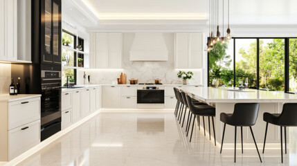 Bright and airy ivory kitchen with expansive counter, modern design, and natural light. Perfect for cooking and entertaining in stylish environment