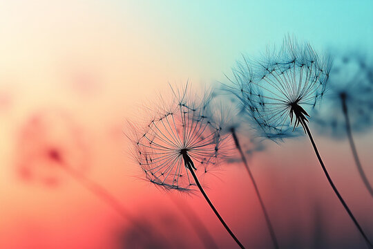 a close-up of dandelion seeds floating in the wind, - Powered by Adobe