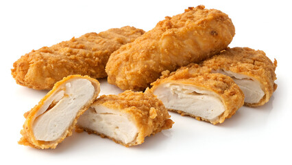 Crispy fried chicken strips or croquettes, isolated on a white background in PNG format.