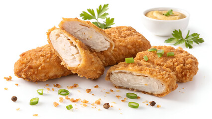 Crispy fried chicken strips or croquettes, isolated on a white background in PNG format.