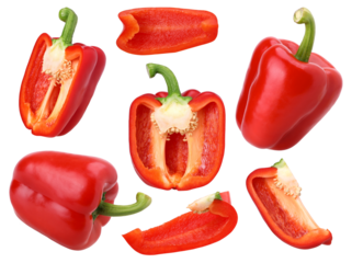 red sweet bell pepper, half and slices isolated, transparent PNG, PNG format, cut out, collection