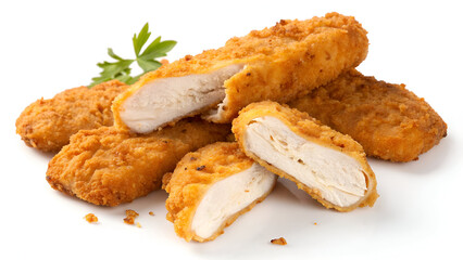 Crispy fried chicken strips or croquettes, isolated on a white background in PNG format.