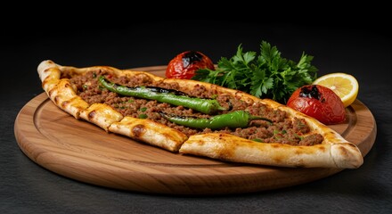 Turkish Kiymali Pide - Boat-shaped pita with minced meat, onions, tomatoes, and green peppers, baked to perfection with a slightly charred crust. Garnished with parsley and served on a wooden board