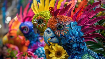 Vibrant Festival Decorations with Colorful Parrot Sculptures Representing Cultural Celebration