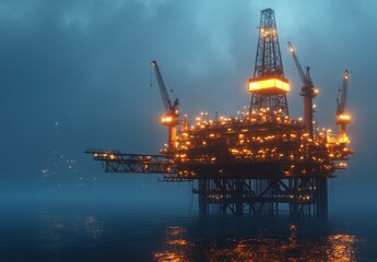 Obraz premium Dramatic Evening Scene of Oil Rig Illuminated in Fog with Cranes and Reflection on Water Surface Capturing Industrial Energy and Environmental Impact