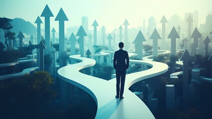 Navigating career paths in business growth urban landscape digital art futuristic atmosphere inspirational viewpoint personal development