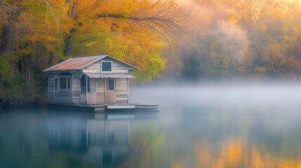 Fototapeta premium Tranquil Wooden Cabin on Calm Misty Lake Surrounded by Autumn Foliage