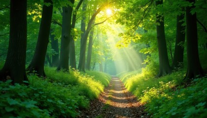 Obraz premium Sun-dappled green forest path, dappled light filtering through leaves, outdoor, path