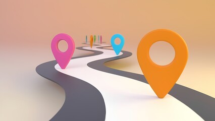 Exploring the journey of location markers along a winding road digital art abstract vibrant colors perspective navigation concept