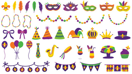 Mardi Gras parade elements. Fleur de lis banners, buntings, balloons, beads, feathers, masquerade masks, party hats, cocktail drinks, king cake, jester hats and more. Hand drawn vector illustrations. © draftsndoodles