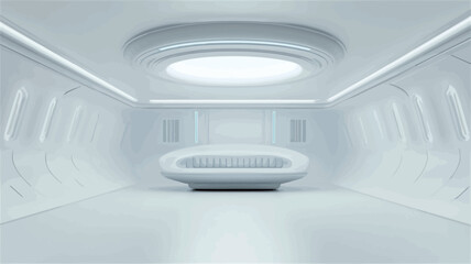 The image shows a digitally rendered interior scene of a futuristic room. The room is predominantly white, featuring smooth, curved walls and a low, oval-shaped seating element in the