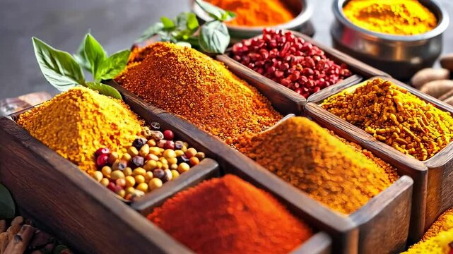 Colorful Spices in Wooden Boxes on Market Stall