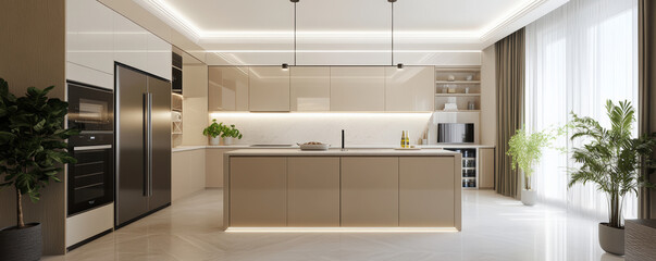 Modern high tech luxury kitchen featuring futuristic island, sleek cabinetry, and elegant lighting. space is bright and inviting, perfect for culinary creativity
